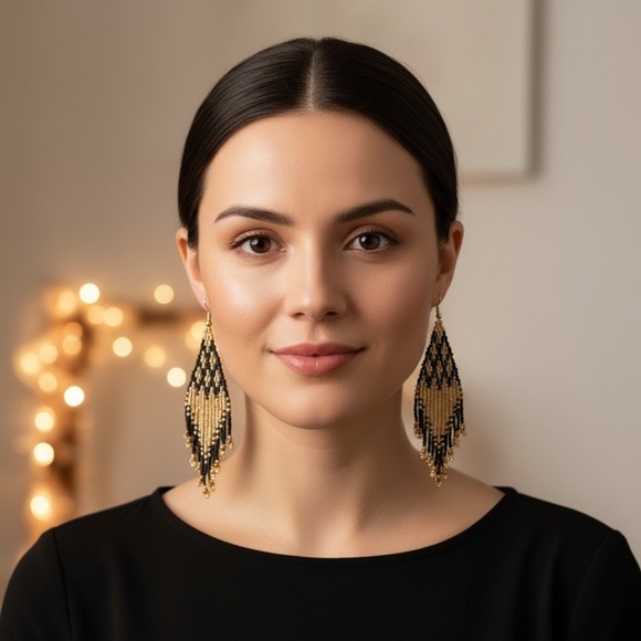 Shimmering Gold and Black Geo patterned beaded tassel earrings. New. - Picture 4 of 9